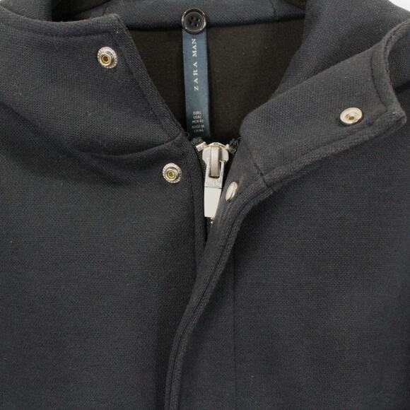 Large Zara Man Duffel Overcoat Navy Blue Poly-Cotton Weave Zip Snap Hood - Picture 14 of 14